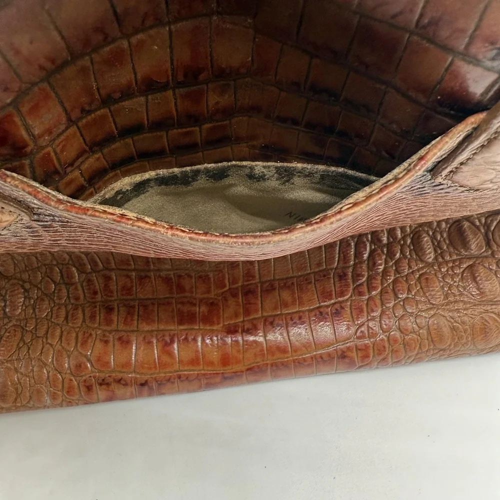 Brahmin Satchel Womens Brown Embossed Croc Leather Shoulder Bag Purse Distressed